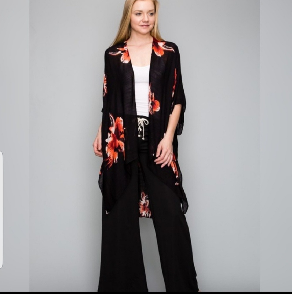 *LAST ONE!* Black Floral Kimono Duster Cardigan